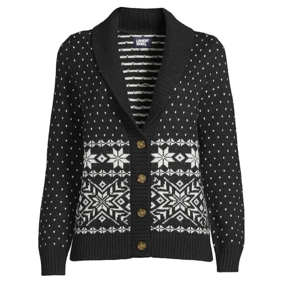Lands’ End Women’s Wool Blend Cozy Lofty Jacquard Shawl Cardigan Sweater Black S - Picture 2 of 13